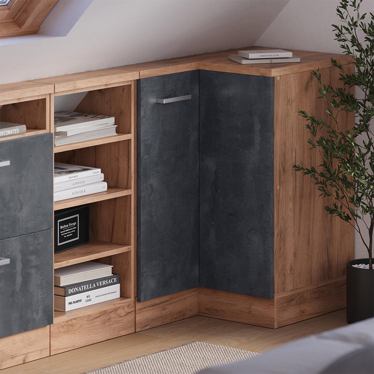 DACHSCHRÄGENSCHRANK ECKSCHRANK Rion Schwarz Beton/Goldkraft Eiche 75.6 x 81.6 cm mit 1 Tür - Honigeiche/Schwarz, Holzwerkstoff (75.6/81.6/75.6cm) - Vicco