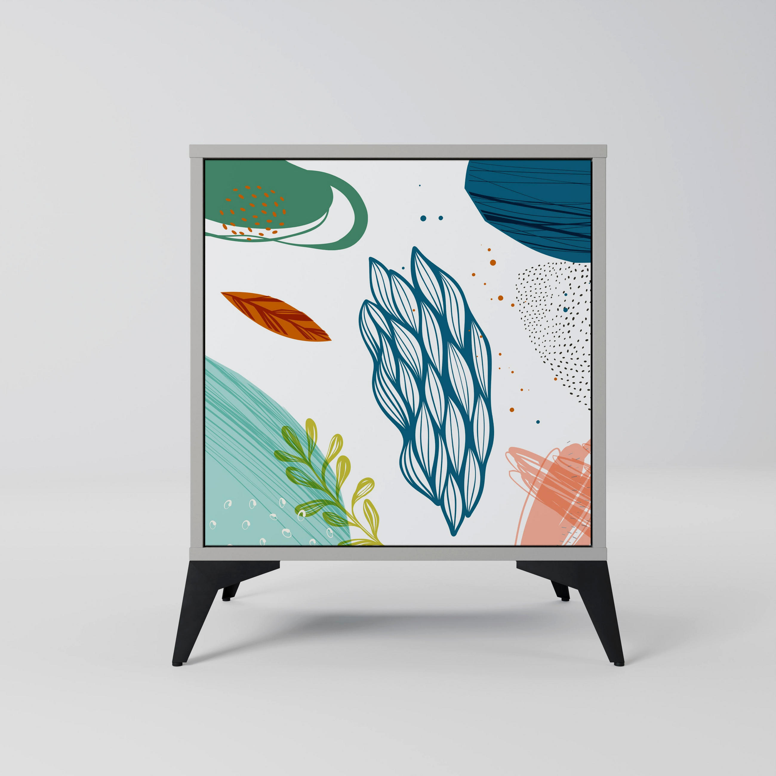 SIDEBOARD BOTANICAL HURRICANE, Grau, 57,5x42x70,5 cm, Schwarze Metall-Sternfüße - Multicolor/Schwarz, Holzwerkstoff/Metall (57.5/70.5/42cm) - SpaceRebels