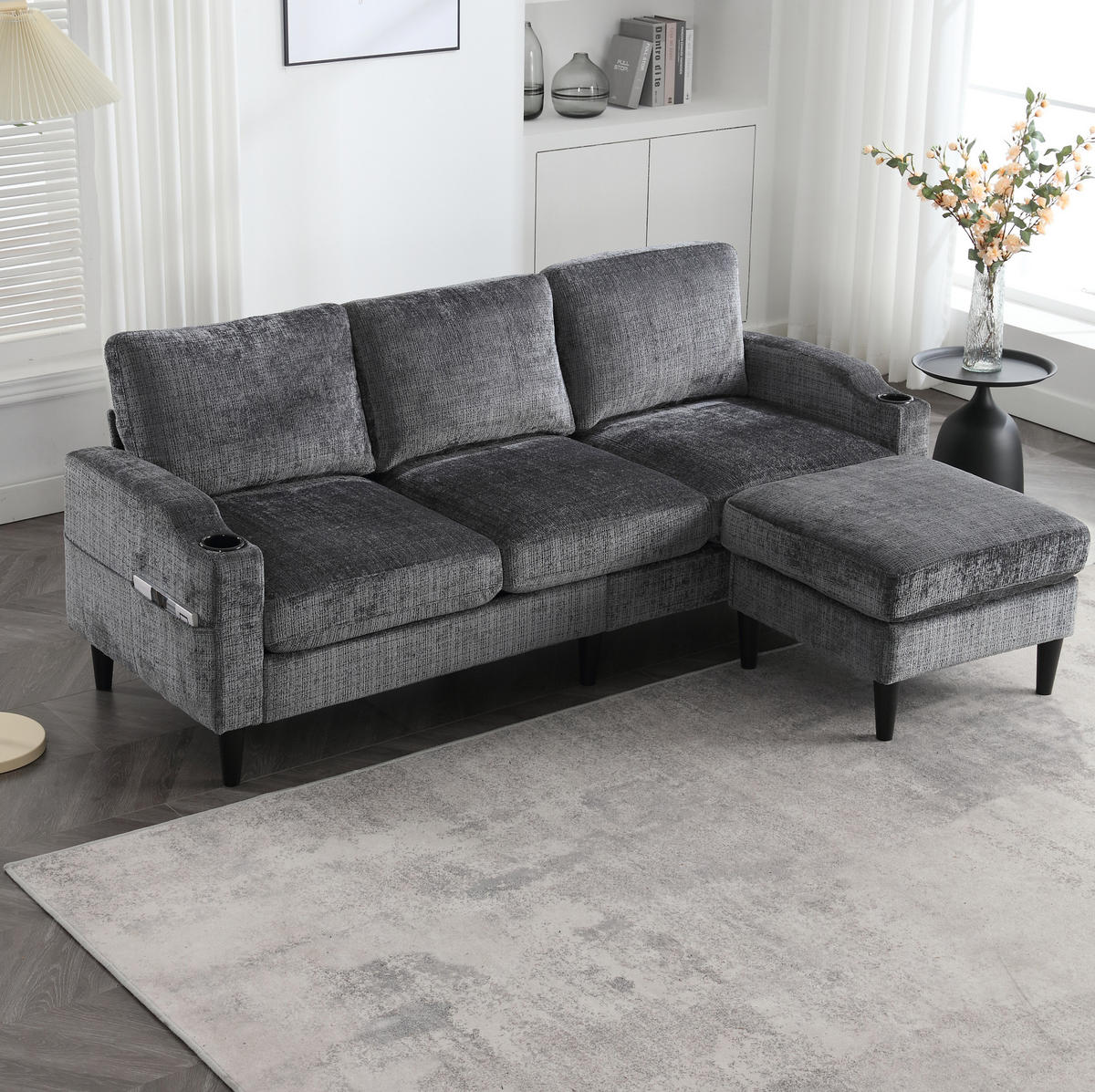 SOFA 4-Sitzer mit Hocker und Stauraum 196,5 x 75 x 77 cm Chenille Gray - Grau, Kunststoff (196.5/77/75cm) - Meubliv