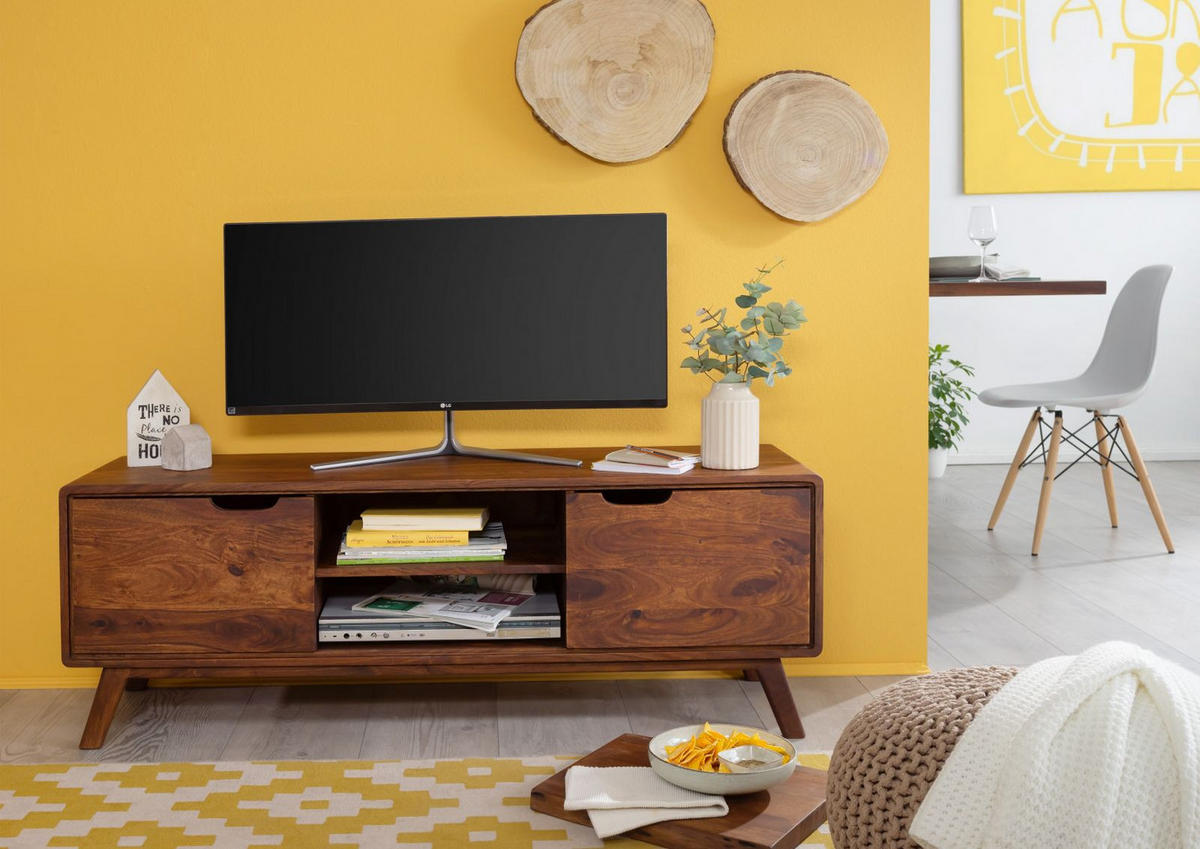 TV-BOARD Sheesham 134x40x48 walnuss gewachst MALMÖ 2 #119 - Dunkelbraun, Holz (134/48/40cm) - Massivmoebel24