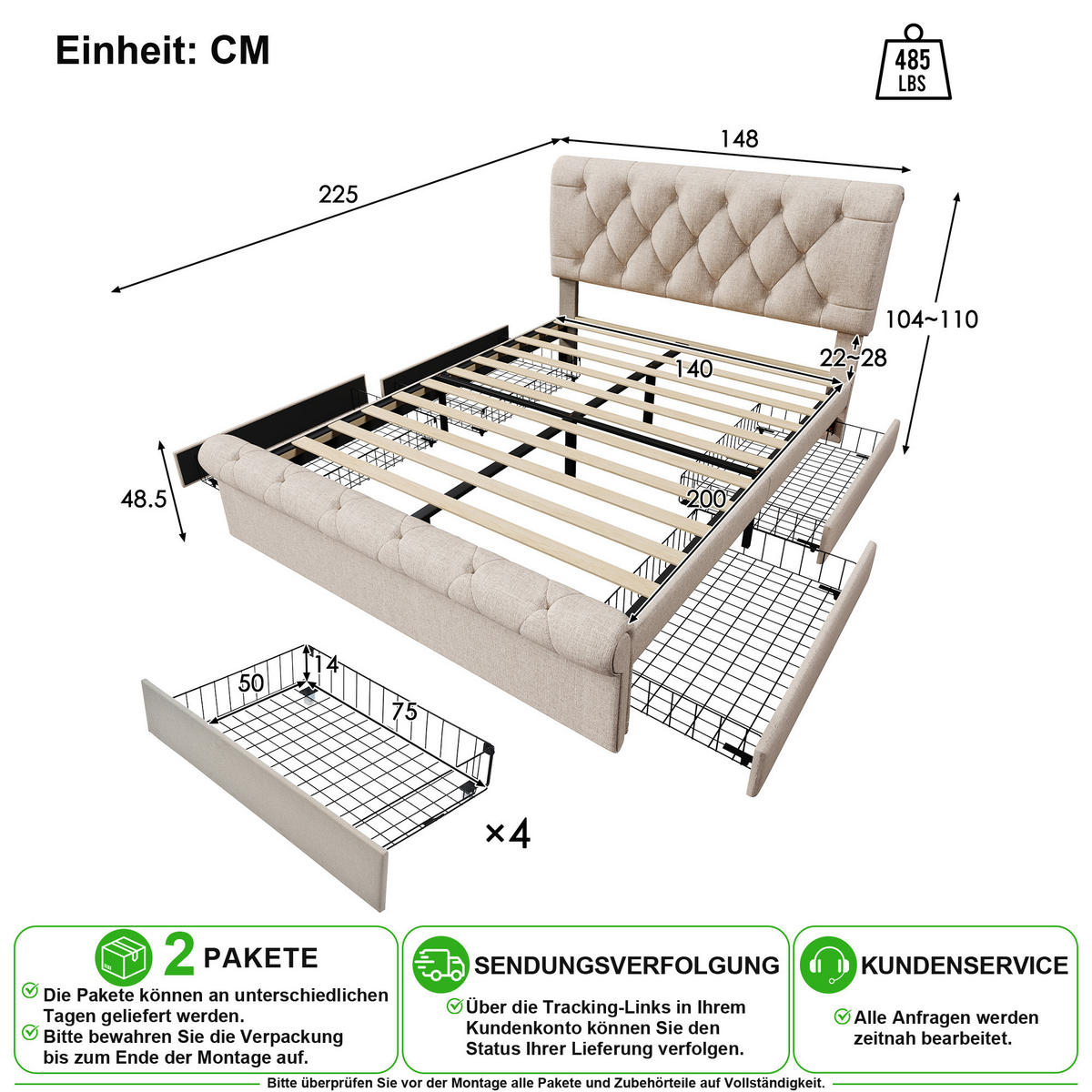 POLSTERBETT 140/200 cm in Natur mit 4 Schubladen und verstellbarem Kopfteil Leinen - Naturfarben, Holzwerkstoff/Textil (140/200cm) - CHICFURN