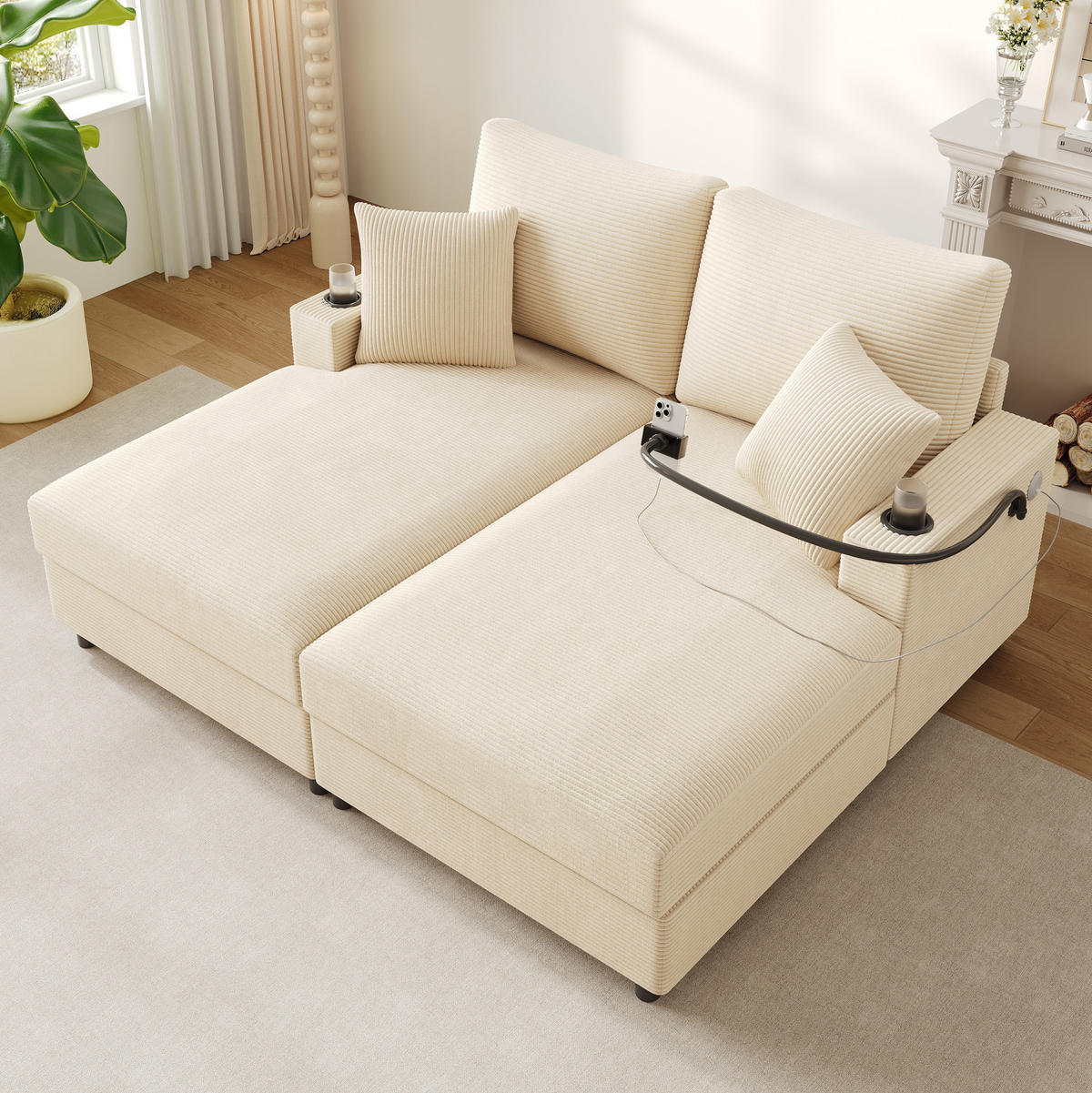 SOFA 2-Sitzer 163x140 cm Cord Beige mit USB und Getränkehaltern - Beige, Textil (140/82/163cm) - Meubliv