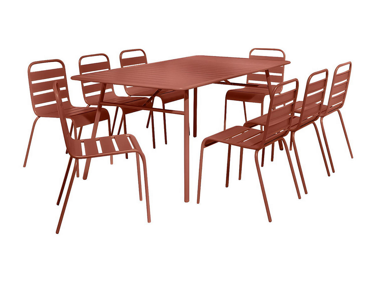 GARTEN-ESSGRUPPE: Tisch L. 200 cm + 8 stapelbare Stühle - Metall - Terracotta - MIRMANDE von MYLIA - Braun, Metall - Vente-Unique