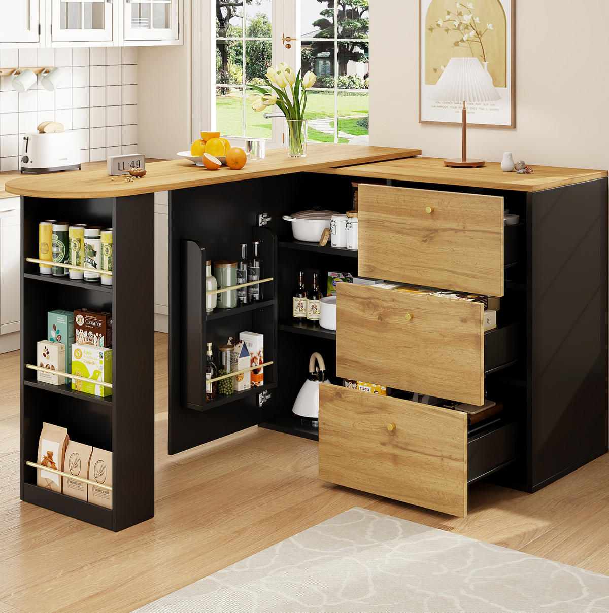BAROVÝ stůl z MDF 138-204x39x104 cm černý otočný o 360° a výsuvný s úložným prostorem a 3 zásuvkami - černá, kompozitní dřevo (204/104/39cm) - Modfu
