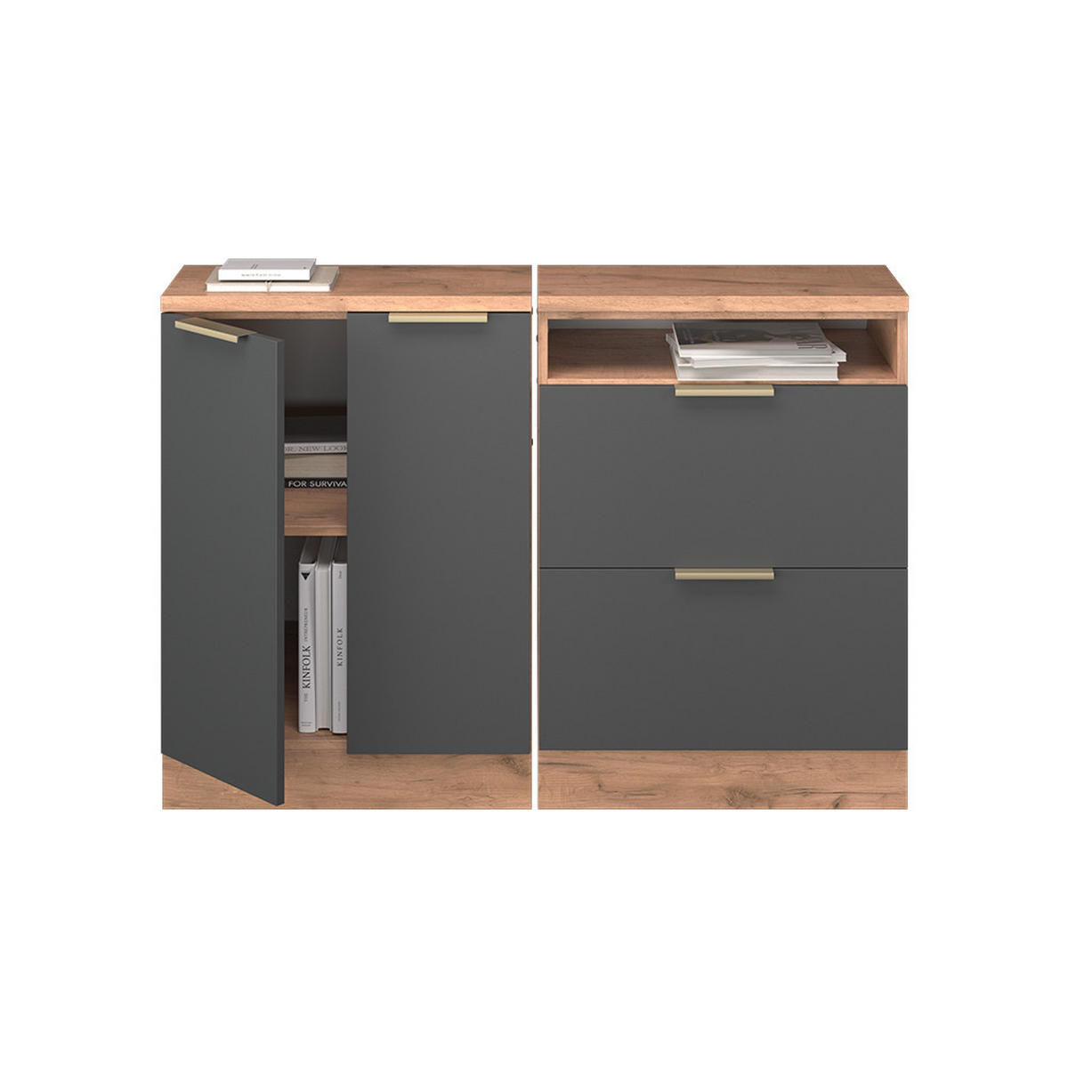 KUHINJSKI ORMAR ZA KOSINE KROVA R-Line Antracit-Zlatna 120 cm Set od 2 korpusa ormara, dubina 60 cm - hrast medunac/antracit, drvni materijal (120/83.8/60cm) - Vicco