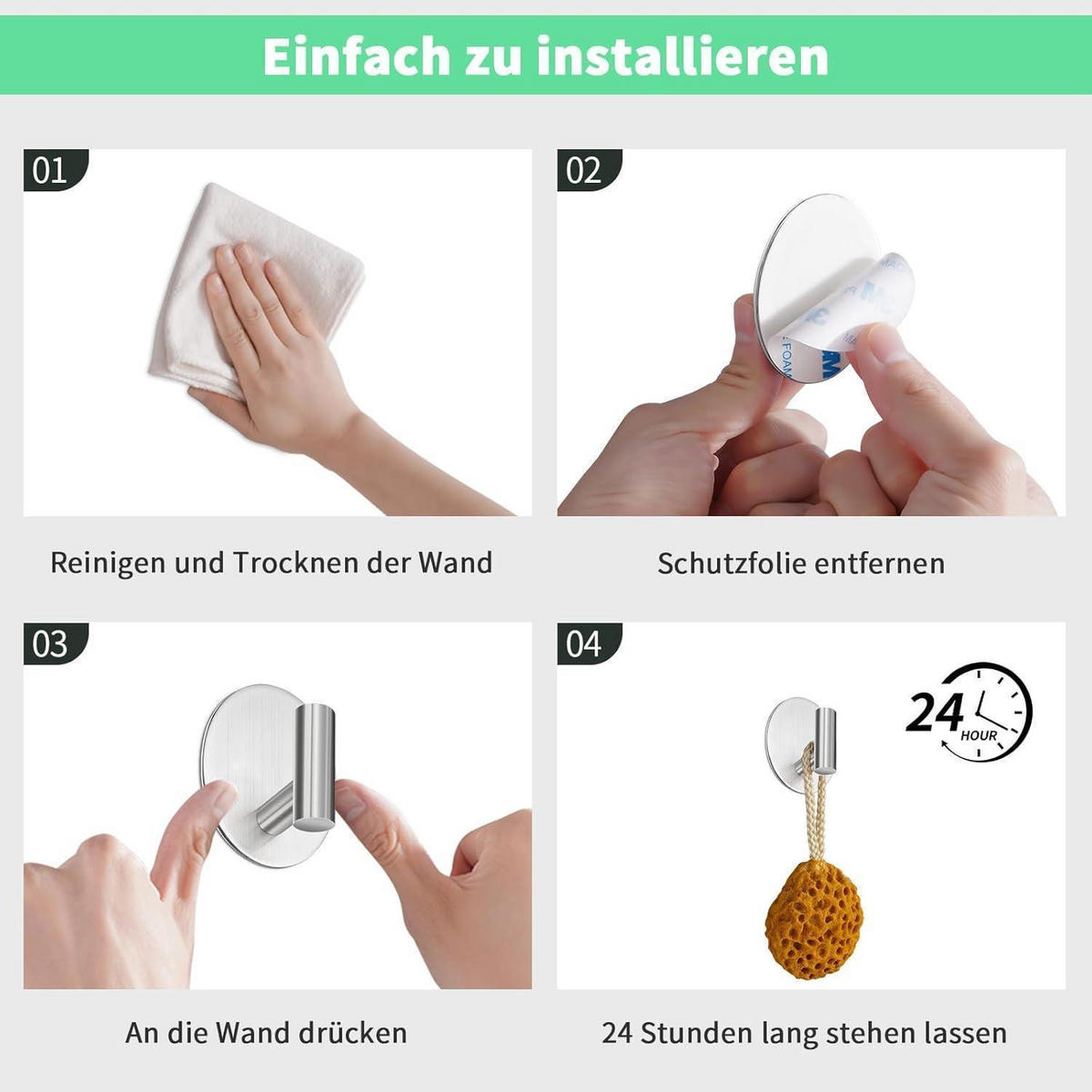 KLEBEHAKEN Edelstahl 4er Set Silber - Silberfarben, Metall (4.5/3/6cm)