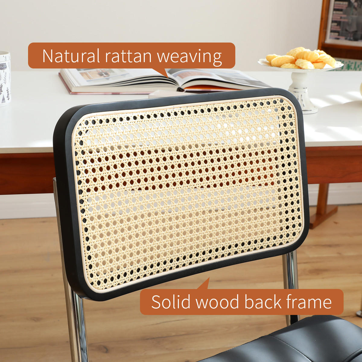 JÍDELNÍ ŽIDLE pérové (sada 2 ks), umělá kůže a ratan, chromovaná podnož - černá, textil (53/84.6/46.4cm) - Urban Meuble