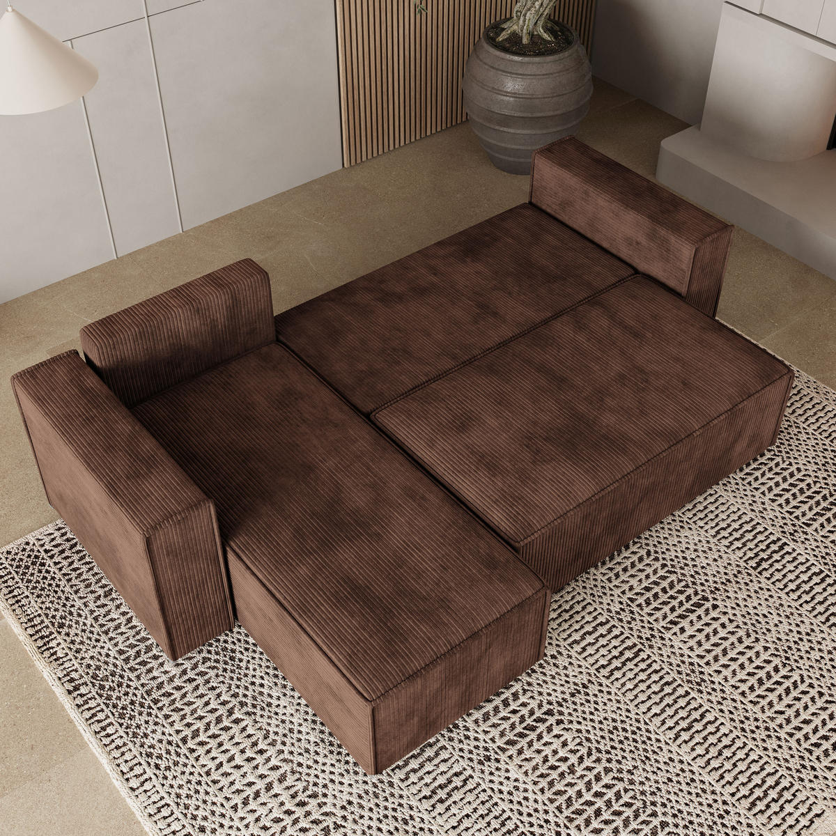 ROHOVÁ SEDAČKA RAVELO hnědá - šedá/hnědá, dřevo/textil (240/140cm) - MASSENO