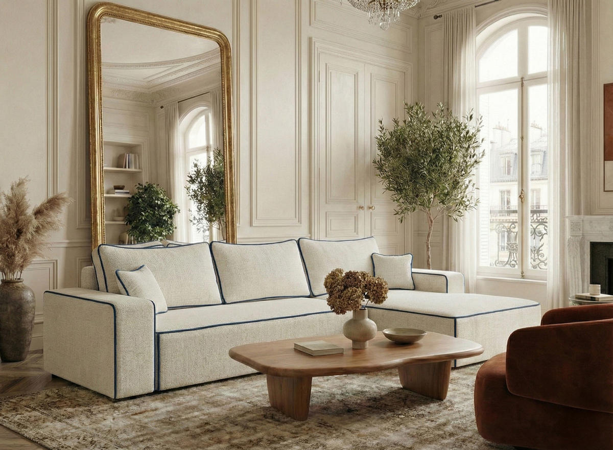 ECKSOFA MIT SCHLAFFUNKTION Modo Braun Chenille-Stoff - Rechts Seite - Ecru/Schwarz, Holz/Holzwerkstoff (294/185cm) - Maison de Reve