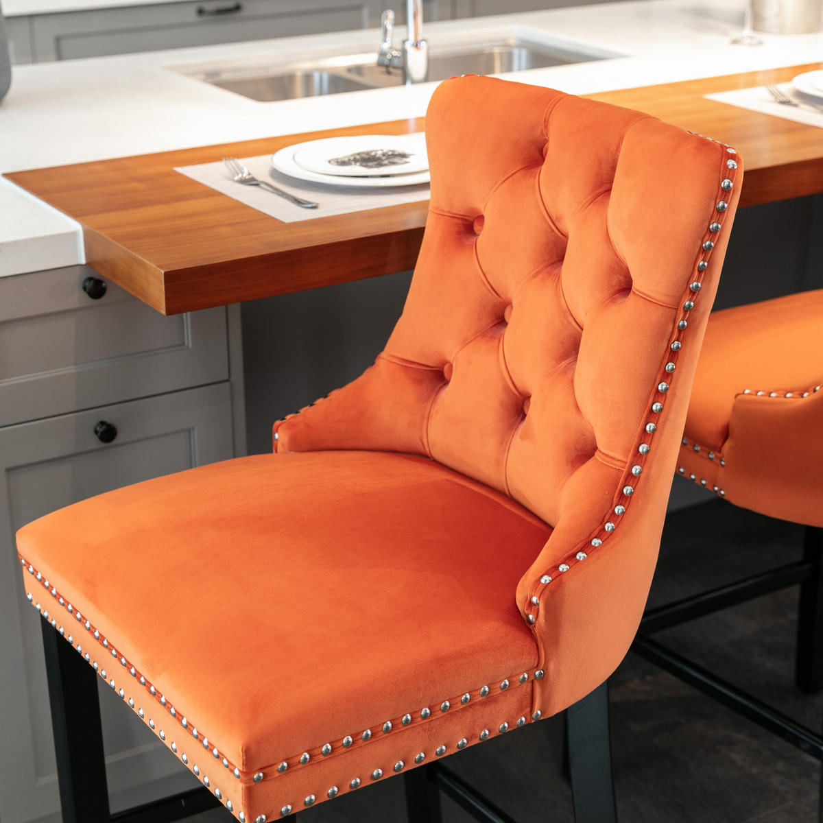 BARHOCKER DE-36292 2er-Set mit Knopfsteppung und Ziernieten Orange - Orange, Holz (50/103/60cm) - ComfortXL