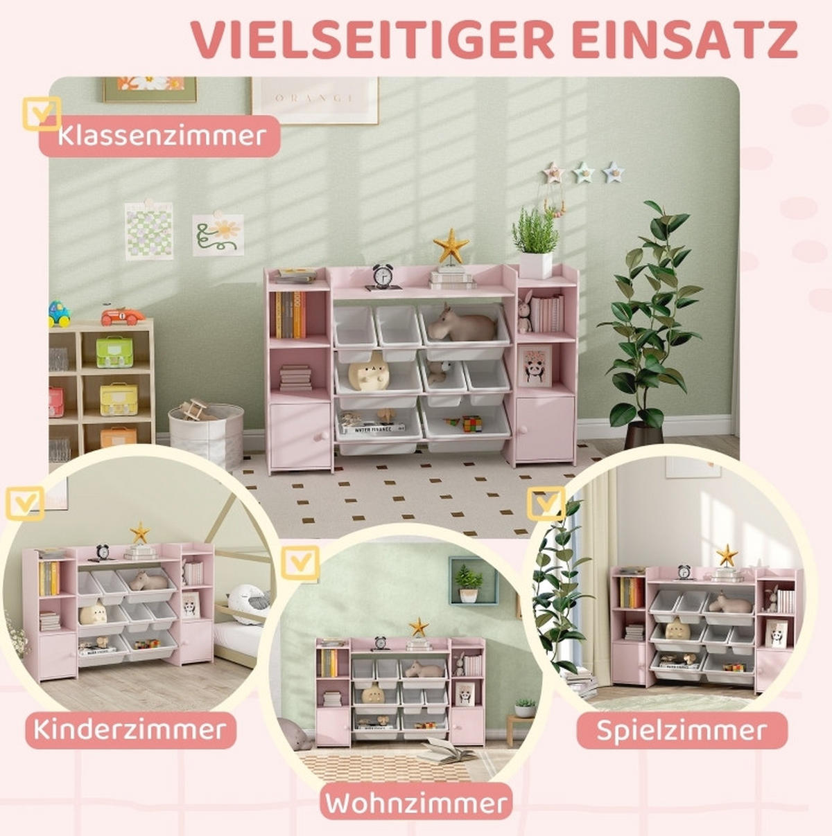 KINDERREGAL 140/30/90 cm rosa aus MDF und Metall mit Boxen - Pink, Holz (140/90/30cm) - OKWISH