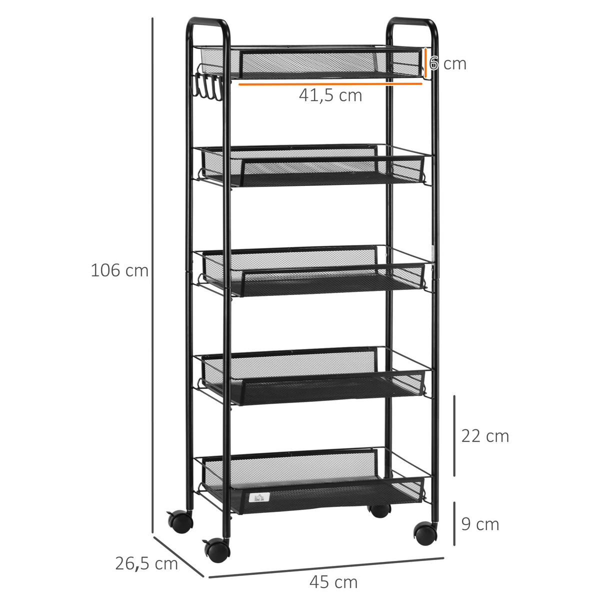 ROLLWAGEN - Schwarz, Metall (26.5/106/45cm) - HOMCOM