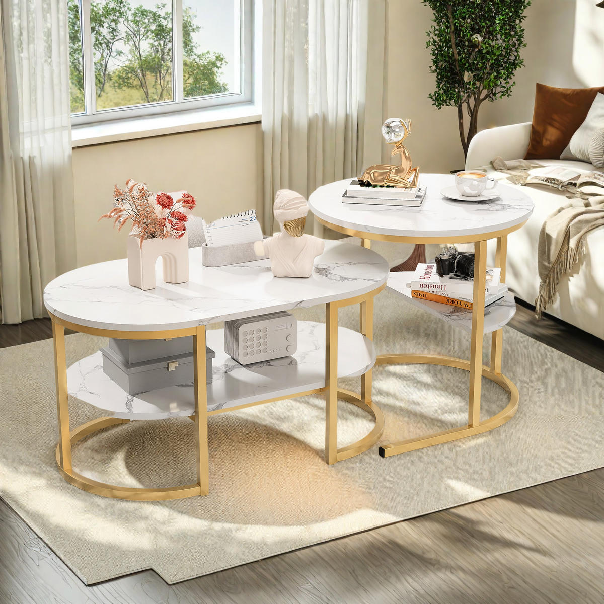 COUCHTISCH 2er Set, Marmor-Optik, Metallrahmen, Golden - Goldfarben, Holz (112/58/10cm)
