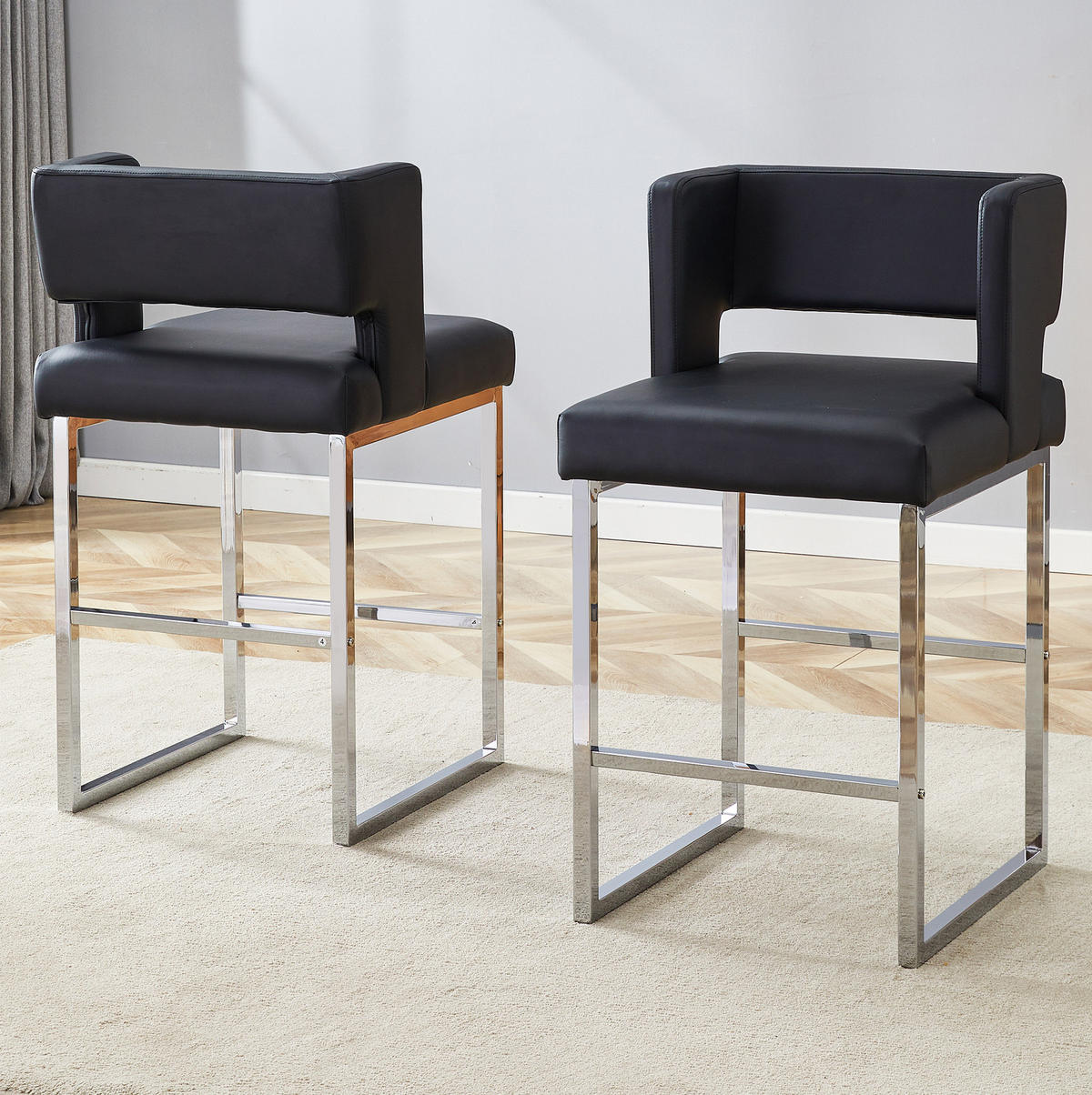 BARHOCKER Schwarz mit gepolstertem PU-Sitz und Metallgestell - Schwarz, Metall (53.3/91.4/48cm) - MIVRAY