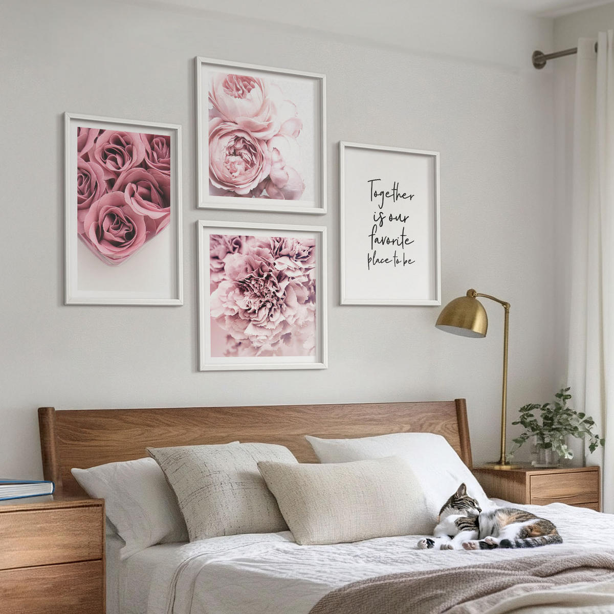 WANDBILDER 4er-Set - 50x50 cm & 40x60 cm Weißer Rahmen - Blumensträuße mit Rosen, Hausinschrift - Weiß, Kunststoff (50/50cm) - ArtPrintCave
