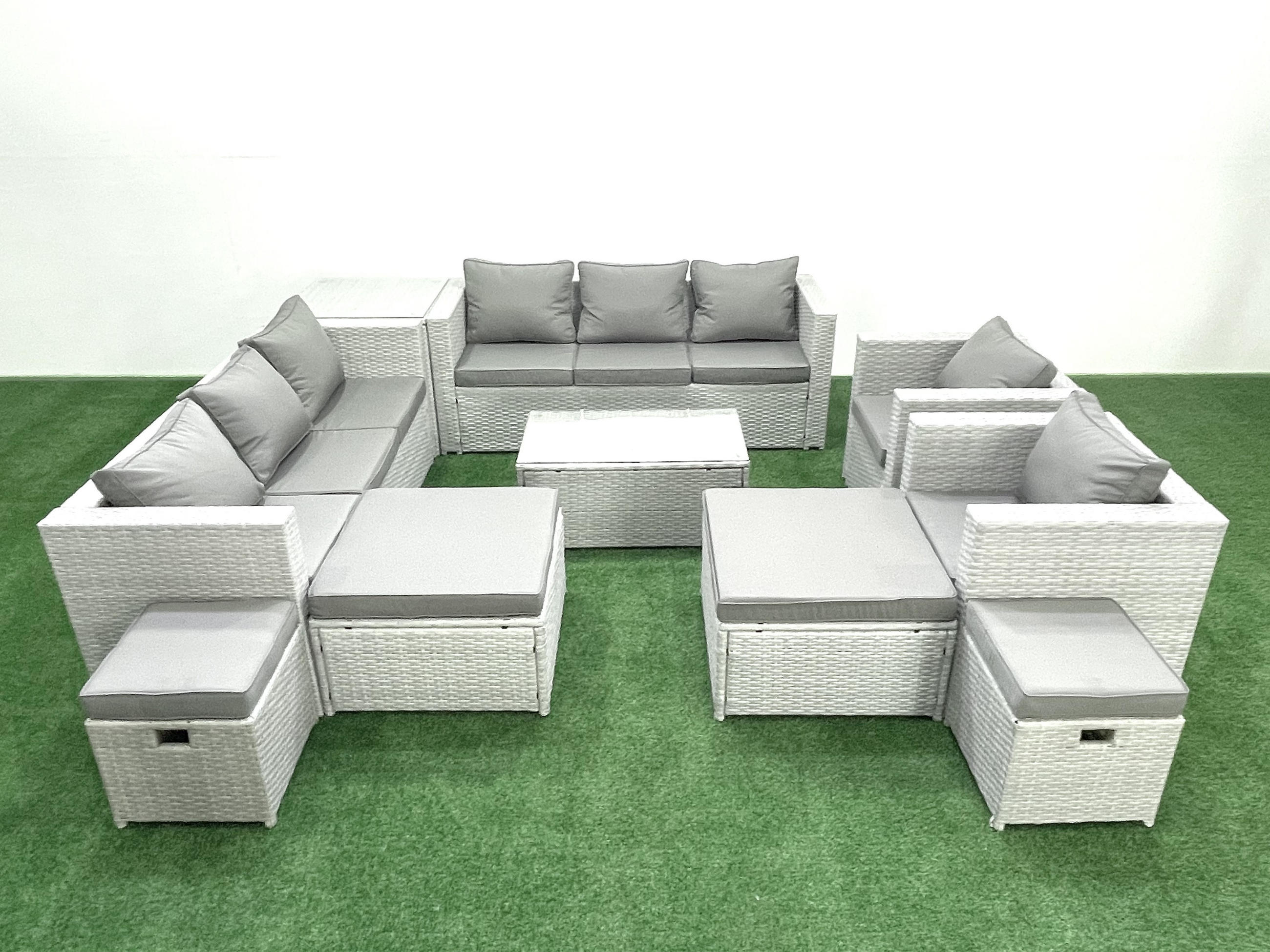 GARTENSET mit 3-SITZER SOFA,COUCHTISCH Polyrattan Hellgrau-Mix 12-Sitzer - Hellgrau/Grau, Glas/Kunststoff - Fimous