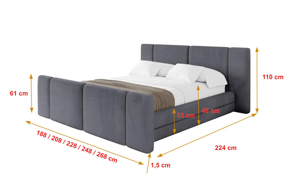 POLSTERBETT mit Bettkasten, Fußteil und Lattenrost, Bett mit Matratze H3/H4 - TEVO-Z 180x200 Dunkelgrau - Dunkelgrau, Holzwerkstoff/Textil (180/200cm) - ALTDECOR