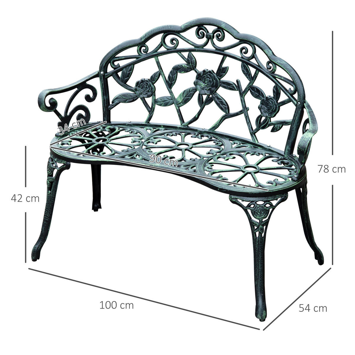 GARTENBANK, Parkbank, 100 x 54 x 78 cm, Metall, Antik Grün - Grün, Metall (100/78/54cm) - Outsunny