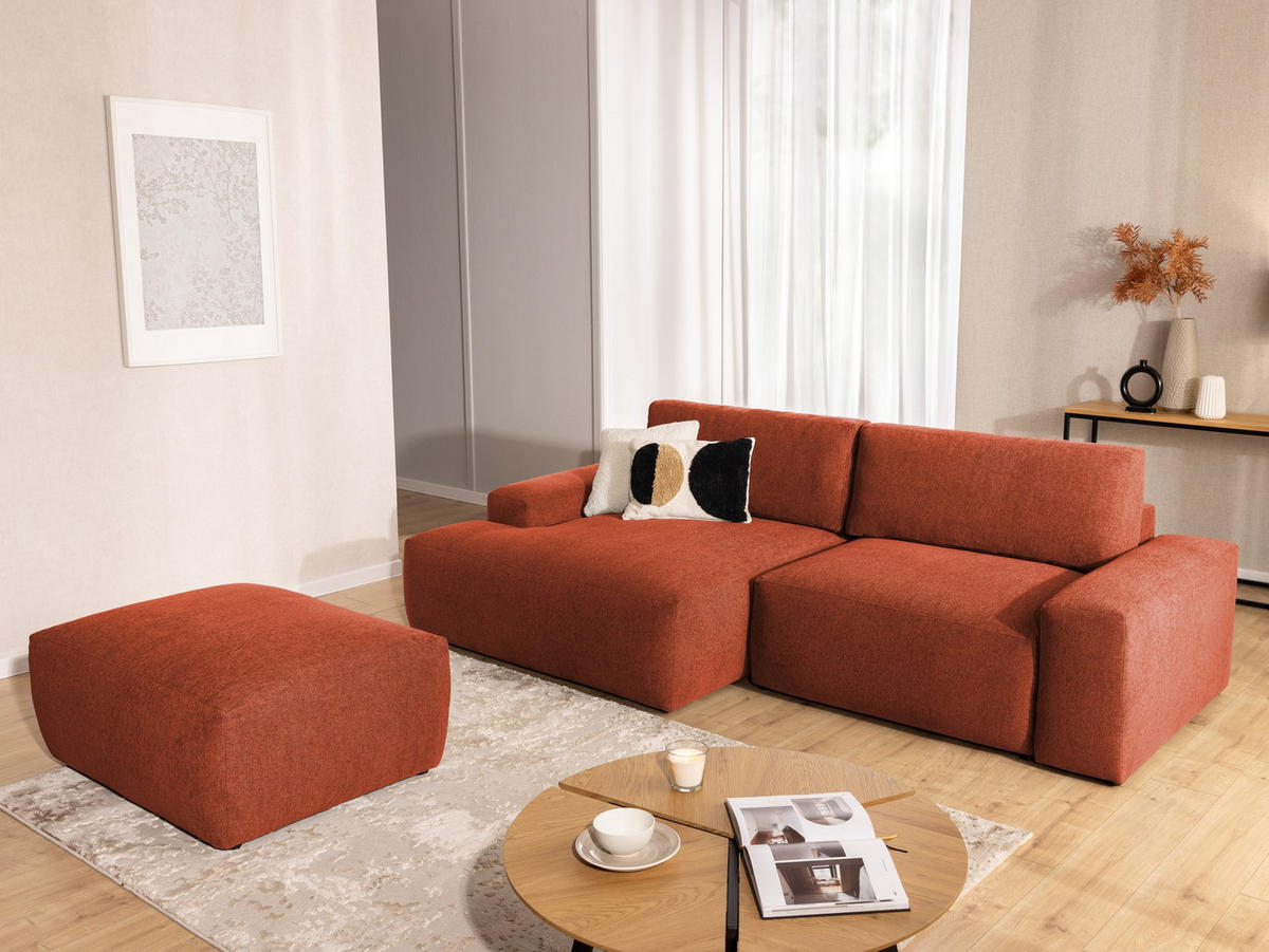 ECKSOFA inkl. Hocker Lennon aus Terrakotta Strukturstoff mit Schlaffunktion und Bettkasten - Terracotta/Schwarz, Holz/Kunststoff (137/264cm) - S-Style