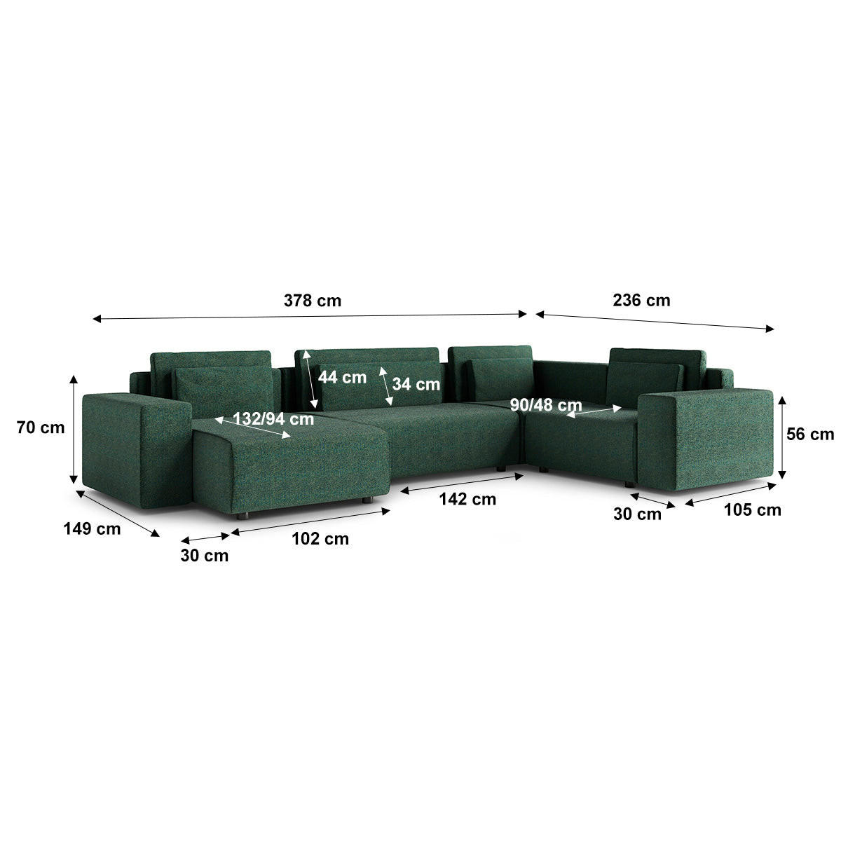 PANORAMASOFA Lorenzo 5 Sitzplätze Grün - Grün, Holz (378/85/236cm) - Petits-meubles