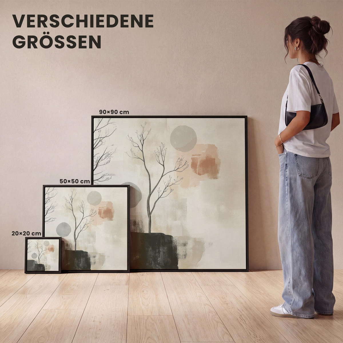 LEINWAND Bilder mit Rahmen - Wabi sabi - Beige - Pflanze - 20x20 - Sandfarben, Textil (20/20cm) - MuchoWow