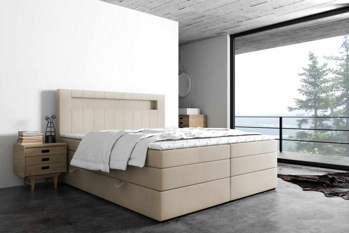 BOXSPRINGBETT Gold 5 King LED 140x200 cm Ecru Velvet H3 - Ecru, Holz (140/200cm) - Labett