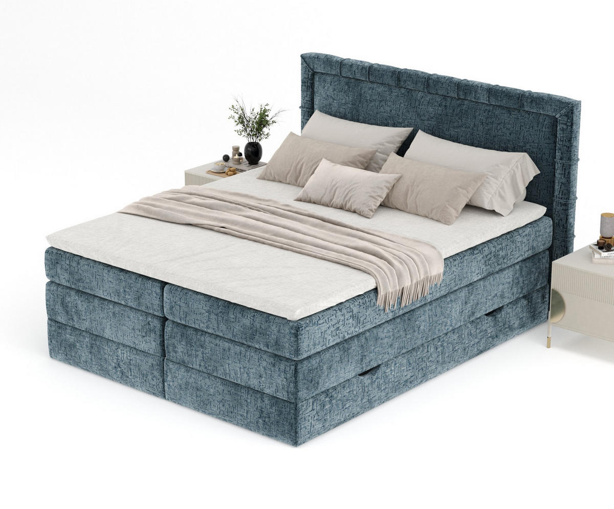 BOXSPRINGBETT Rosabel Blau Grau 180/200 cm mit Matratze und Topper - Blaugrau/Schwarz, Holz/Holzwerkstoff (180/200cm) - Maison de Reve