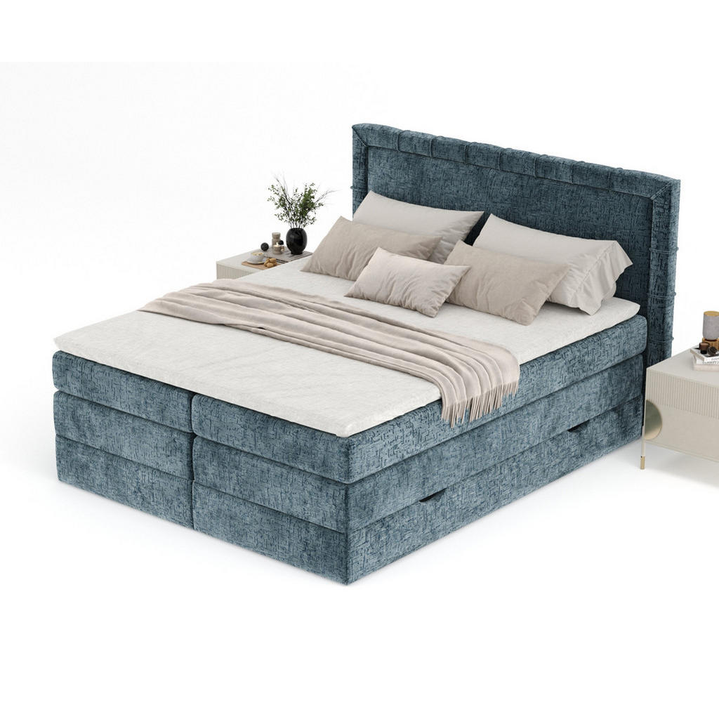 Thumbnail - Maison de Reve Boxspringbett, Blaugrau, Textil, Buche, Kiefer, H3, Höhe ca. 37 cm, 200x200 cm, Oeko-Tex® Standard 100, F...