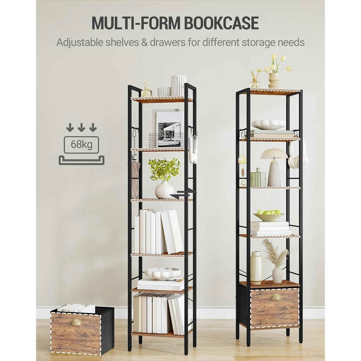 BÜCHERREGAL mit Schublade und Haken 24 x 40 x 173 cm Vintagebraun - Braun, Holzwerkstoff (40/173/24cm)