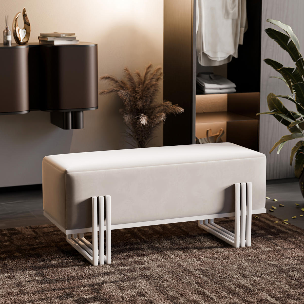 POLSTERBANK TEO 80 cm Weiß / Creme ,Metallgestell - Creme, Metall (80/47/35cm) - Idohome