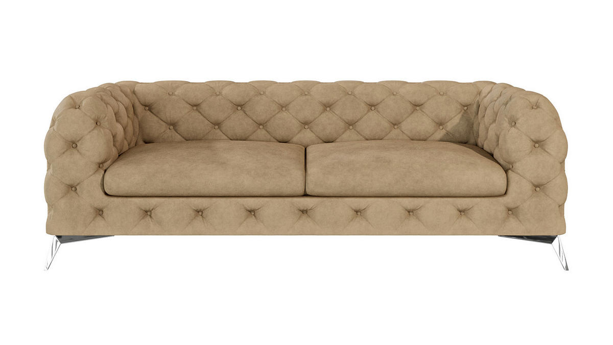 CHESTERFIELD-SOFA 3-Sitzer Laura Beige Samt - Beige/Silberfarben, Holz/Textil (225/75/100cm) - S-Style Möbel