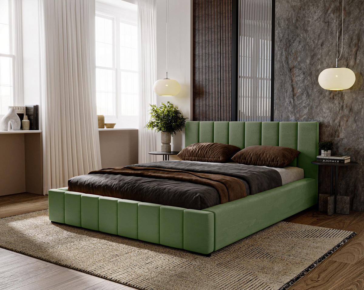 POLSTERBETT Nero 120x200 cm, Doppelbett mit Bettkasten und Lattenrost aus Holz, Velourstoff: Grün - Grün, Holz/Textil (120/200cm) - Marpur