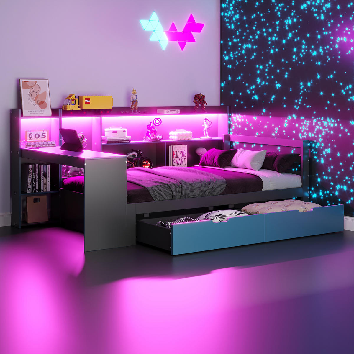 KINDERBETT 90/200 cm DE-01551, in Schwarz + Blau, mit Schreibtisch, Bücherregal und LED - Blau, Holz (90/200cm) - ComfortXL