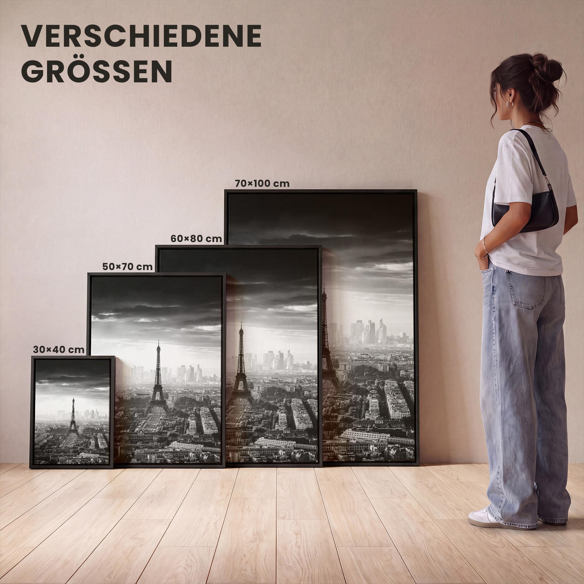 LEINWAND Bilder mit Rahmen - Paris - Skyline - Eiffelturm - Stadt - Wolken - 70x100 - Dunkelgrau, Textil (70/100cm) - MuchoWow