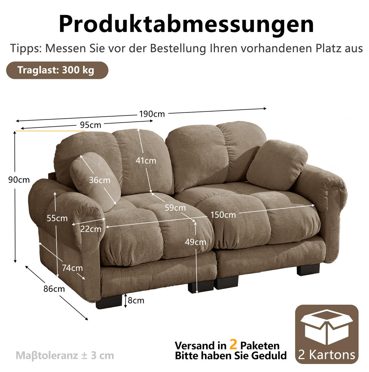 SOFA 190/86/90 cm in Braun aus Chenille mit Steppnähten - Braun, Textil (86/90/190cm) - Flora Grace
