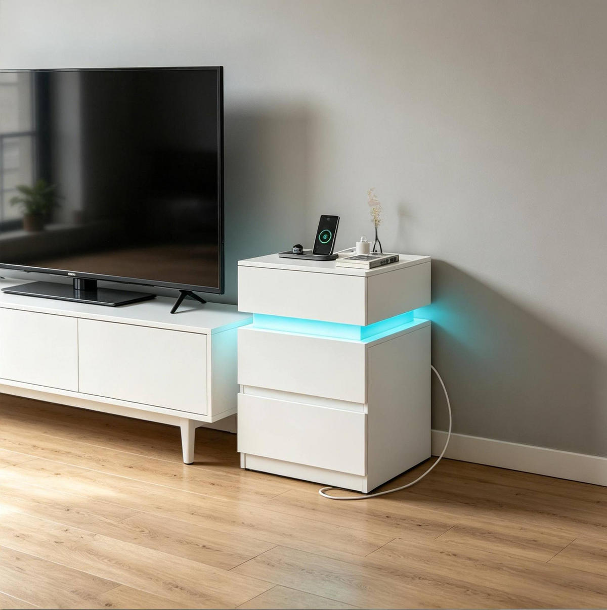 NACHTTISCH-SET aus Holz 35x40x55 cm Weiß mit LED-Beleuchtung, USB-Anschlüssen und Steckdosen - Weiß, Holzwerkstoff (35/55/40cm) - Modfu