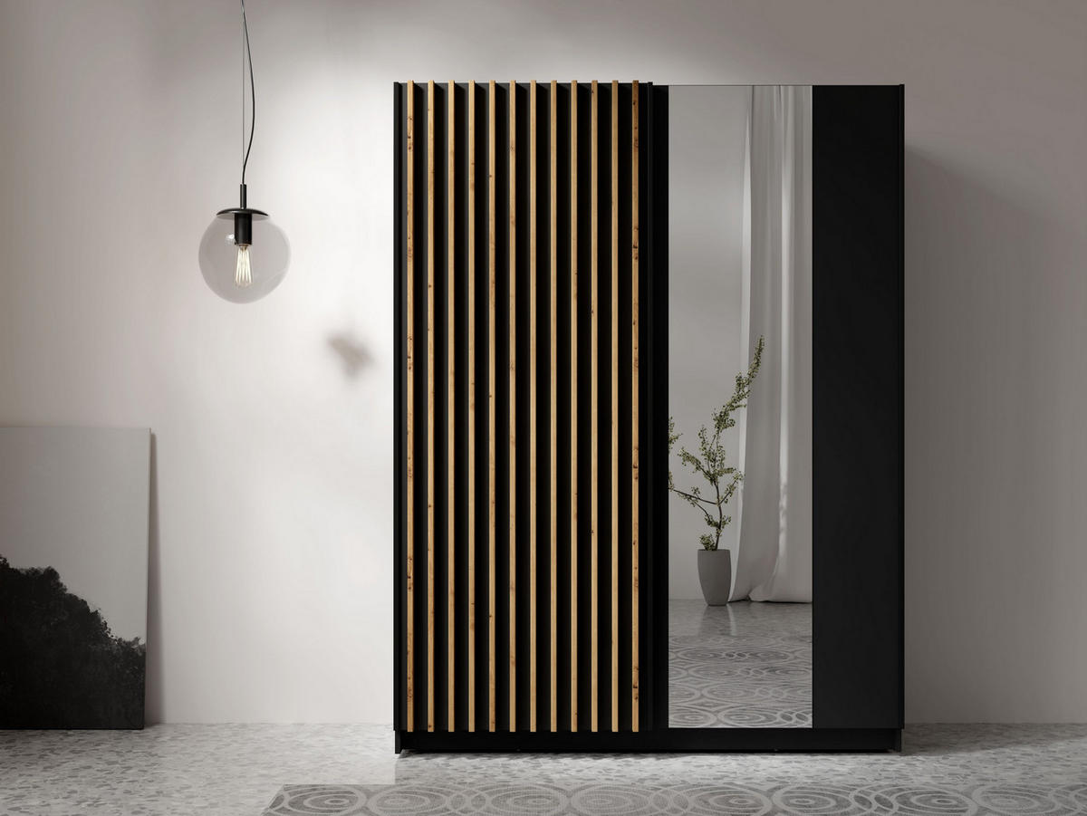 SCHWEBETÜRENSCHRANK MAREN 150,6/198,5/55cm 2-türig mit Spiegel Schwarz - Schwarz/Eiche Artisan, Holzwerkstoff (150.6/198.5/55cm) - MASSENO