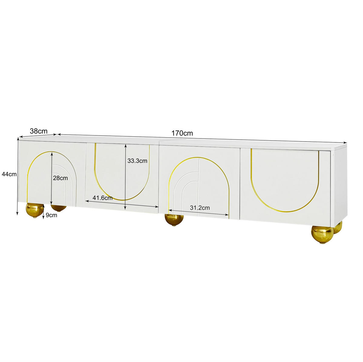 LOWBOARD 170/38/44 cm Weiß und Gold aus Spanplatte mit 4 Türen - Weiß, Holzwerkstoff (38/44/170cm) - OKMYHOME