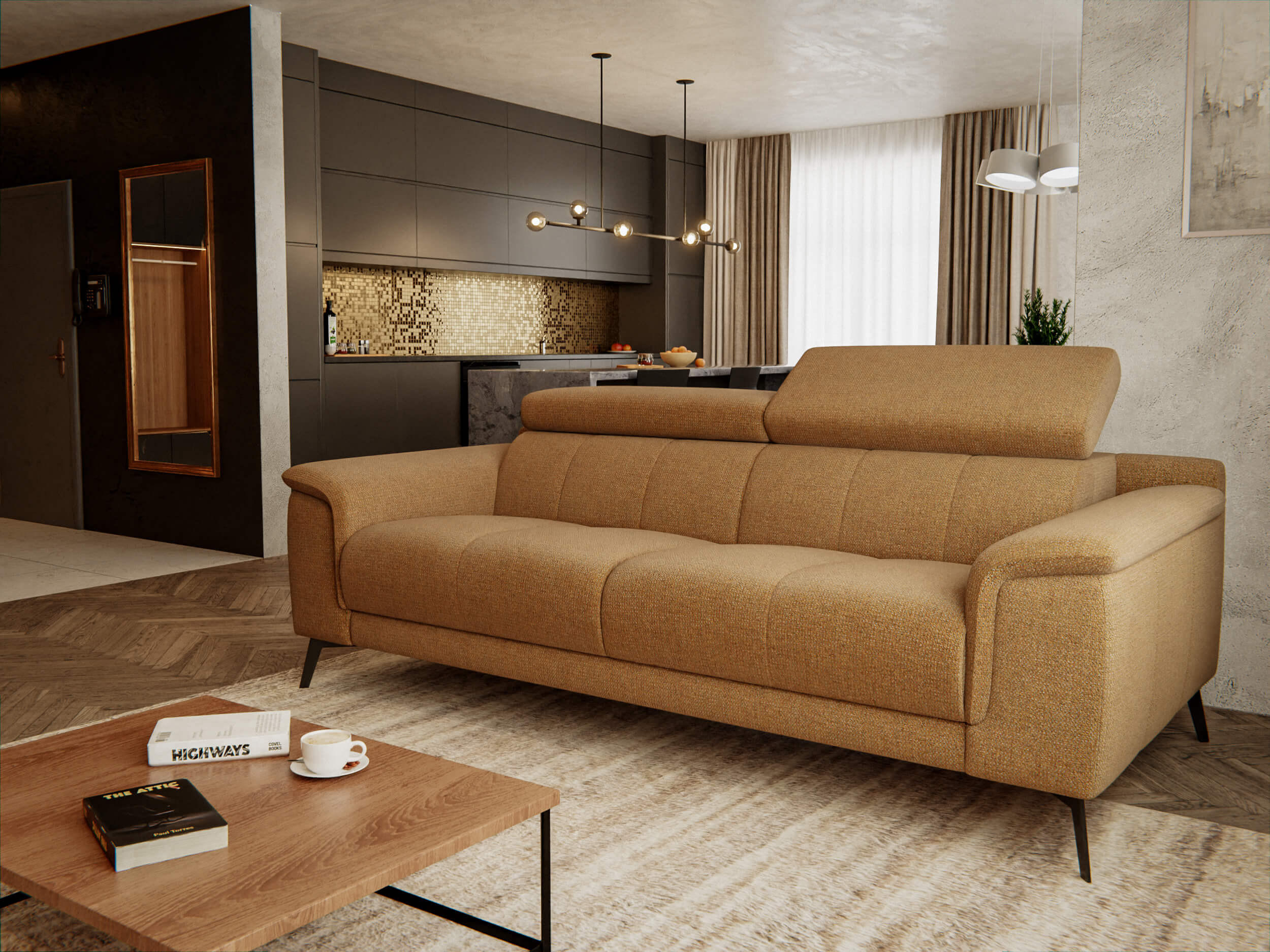 SOFA FIERO 3-Sitzer, orange - Schwarz/Orange, Holzwerkstoff/Textil (212/82/103cm) - Courtois Laville