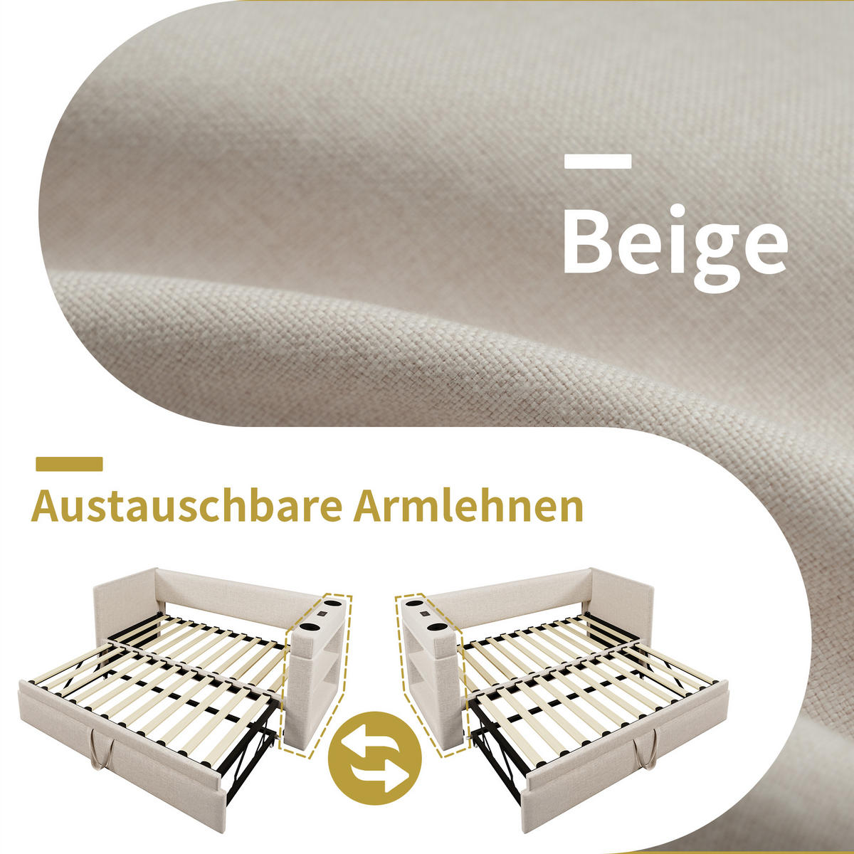 SCHLAFSOFA 90/200 cm & 90/200 cm in Beige Stoff mit Ausziehbett, USB und Ablage - Beige, Holzwerkstoff/Textil (90/200cm) - WISHDOR