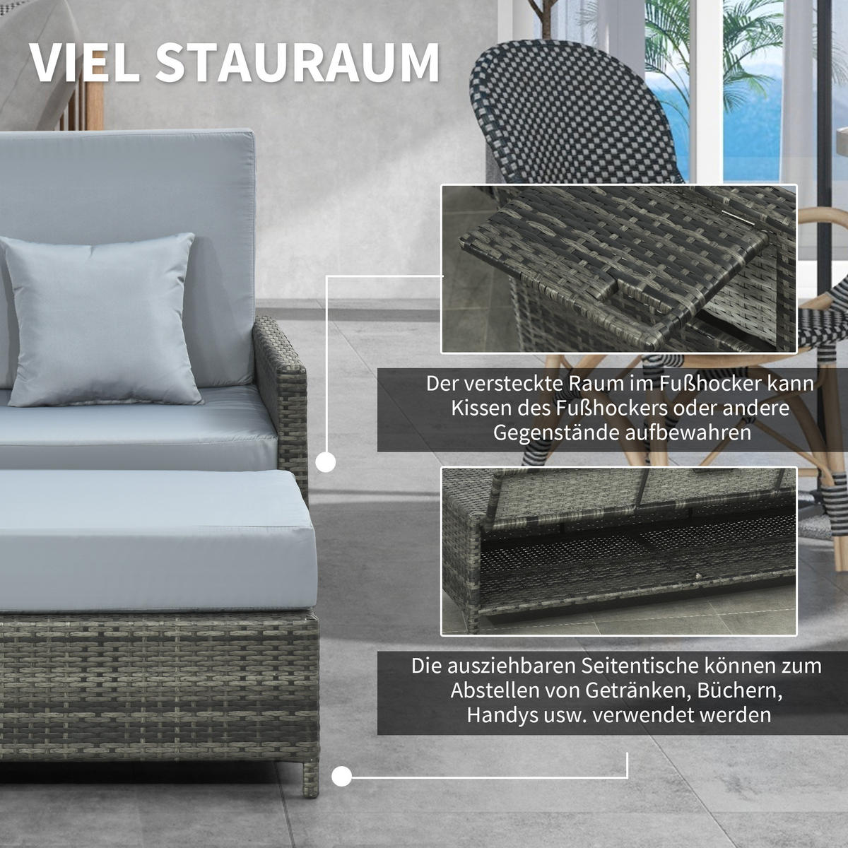 GARTENMÖBEL Set, PE Polyrattan, Grau - Grau, Kunststoff - Outsunny