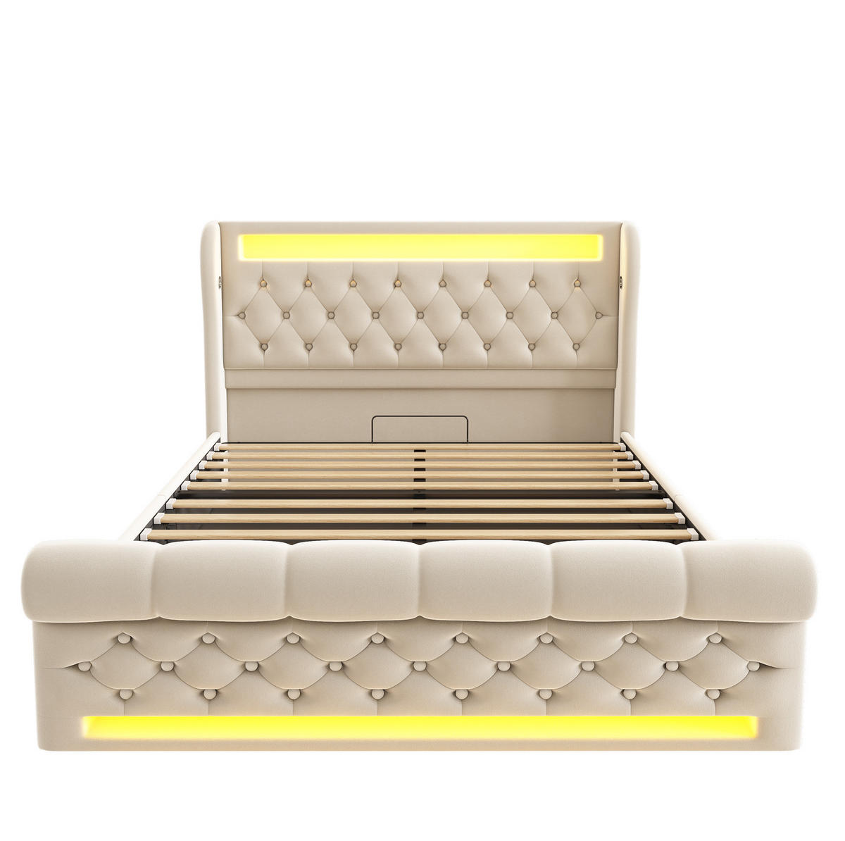 SAMT-POLSTERBETT 140/200 cm mit LED-Beleuchtung, Bettkasten und USB/Type-C - Beige, Textil (140/200cm) - BEAOK