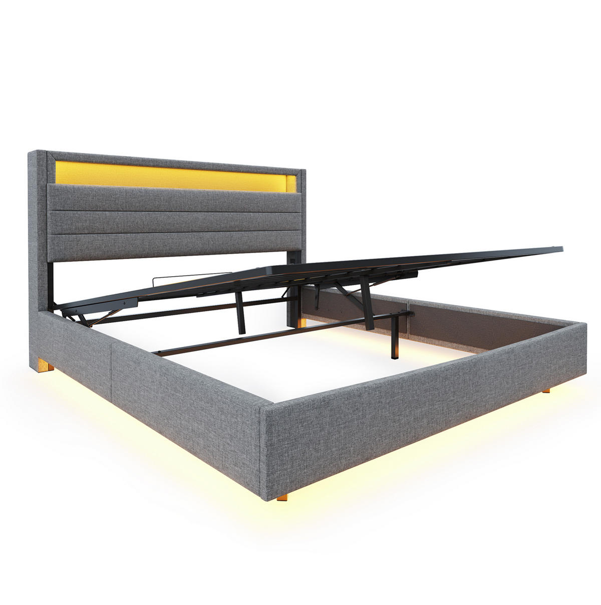 POLSTERBETT 140x200 cm Grau mit Leinenbezug, Hydraulik-Stauraum, LED-Beleuchtung und USB-Anschluss - Grau, Textil (140/200cm) - IVMEU