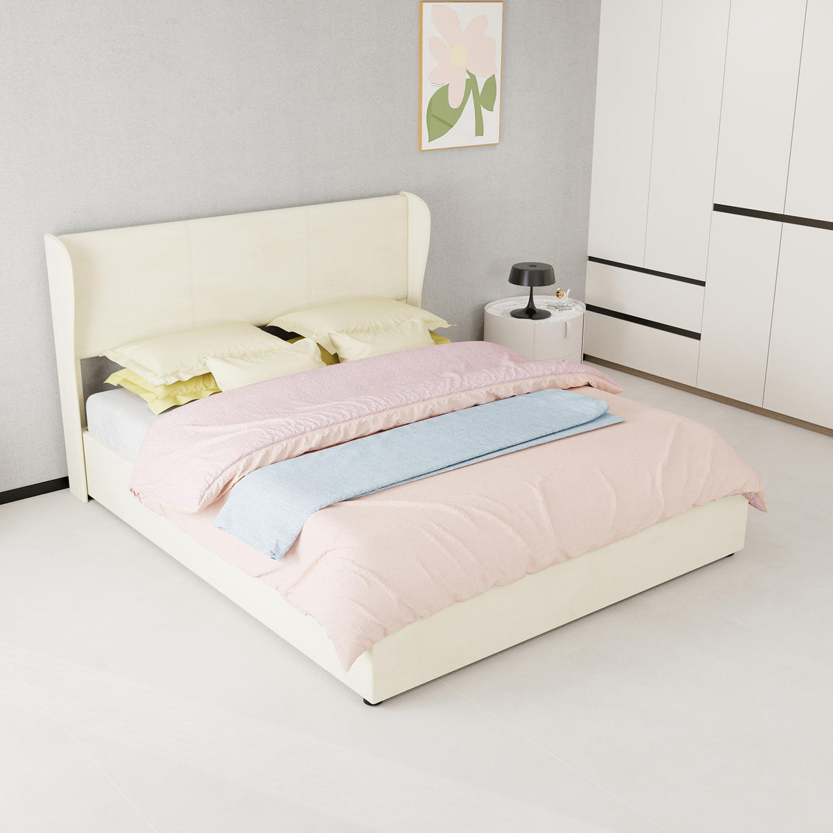 POLSTERBETT 160/200 mit Velourskopfteil und Stauraum in Beige - Beige, Holzwerkstoff/Textil (160/200cm) - EVRYAE