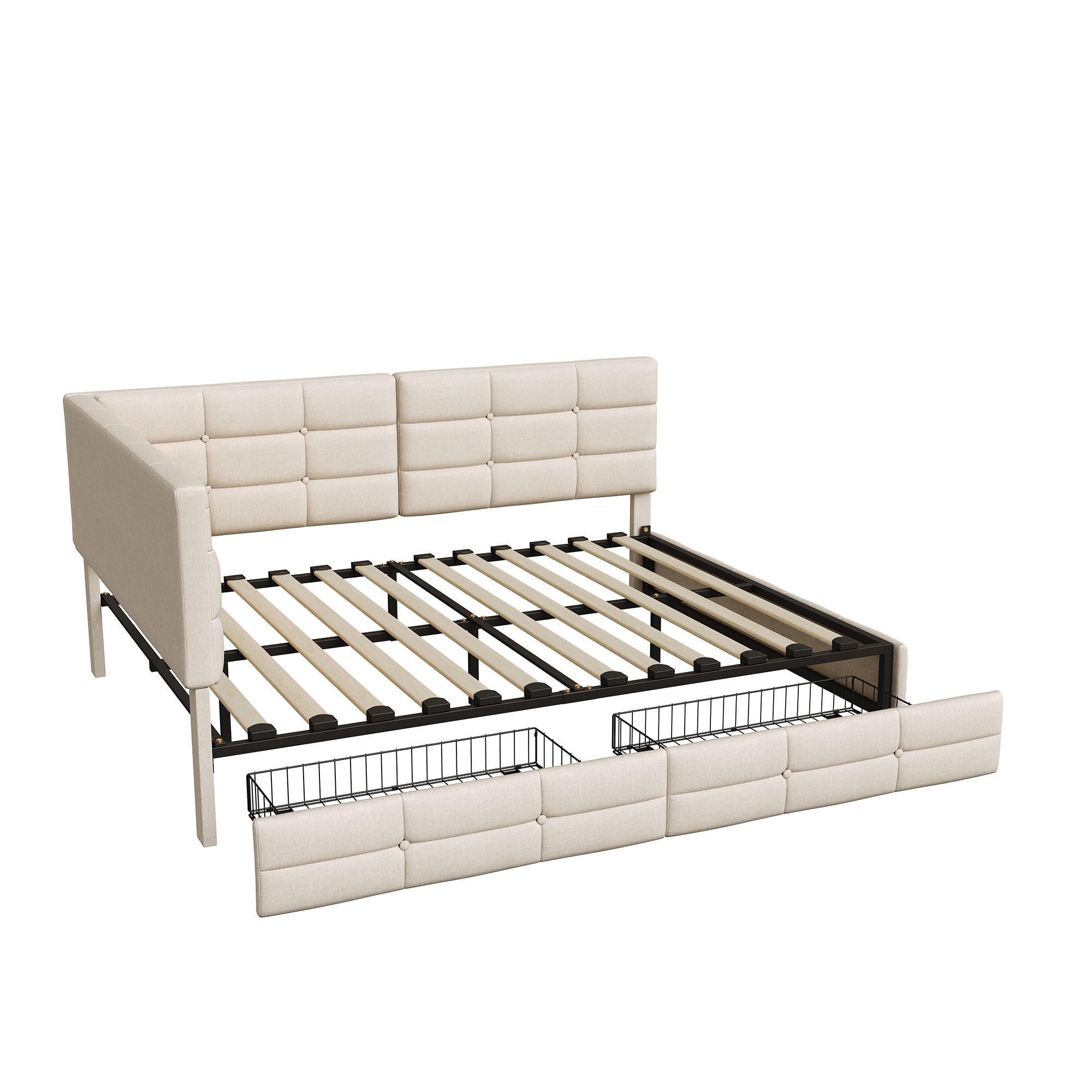 POLSTERBETT 140x200 cm mit 2 Schubladen und LED - Gepolstertes Schlafsofa aus Leinen mit USB und Lattenrost - Für Jugendliche und Erwachsene - Beige - Beige, Holzwerkstoff (140/200cm) - Brevoria