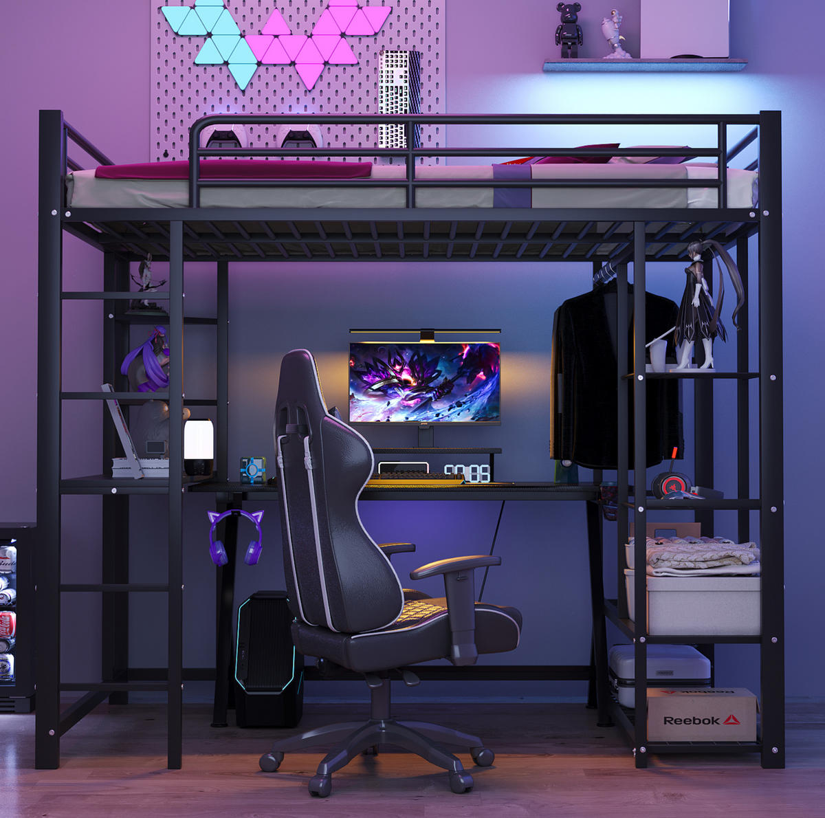 HOCHBETT aus Metall und MDF 90x200 cm in Schwarz mit Schreibtisch & Stauraum - Schwarz, Metall (90/200cm) - Modfu