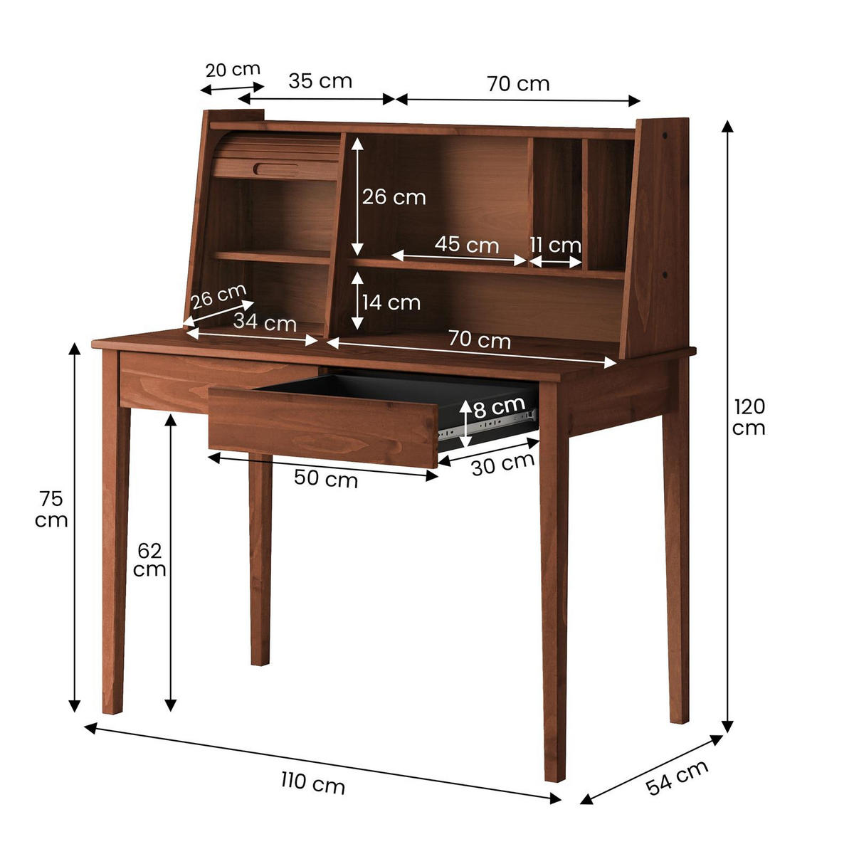 SCHREIBTISCH ALISA Kastanie - Kastanienfarben, Holz (54/114/122cm) - IDIMEX