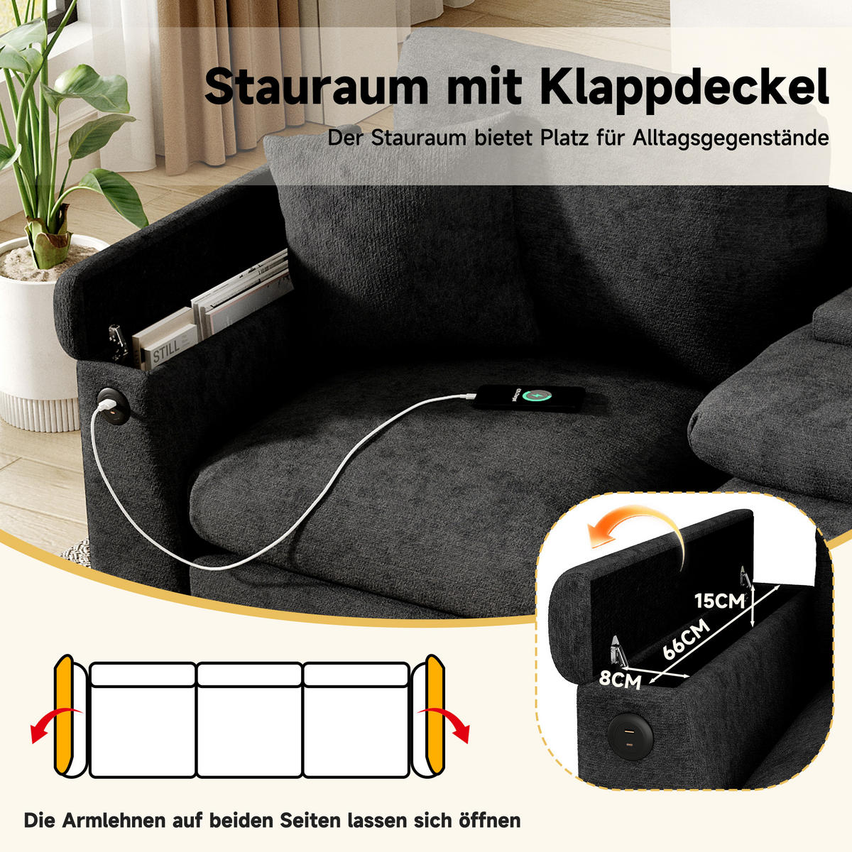 3-SITZER Sofa Chenille mit Klapptisch USB-Anschluss und Stauraum 242/80/88 cm Grau - Grau, Kunststoff/Textil (80/88/242cm) - Redom