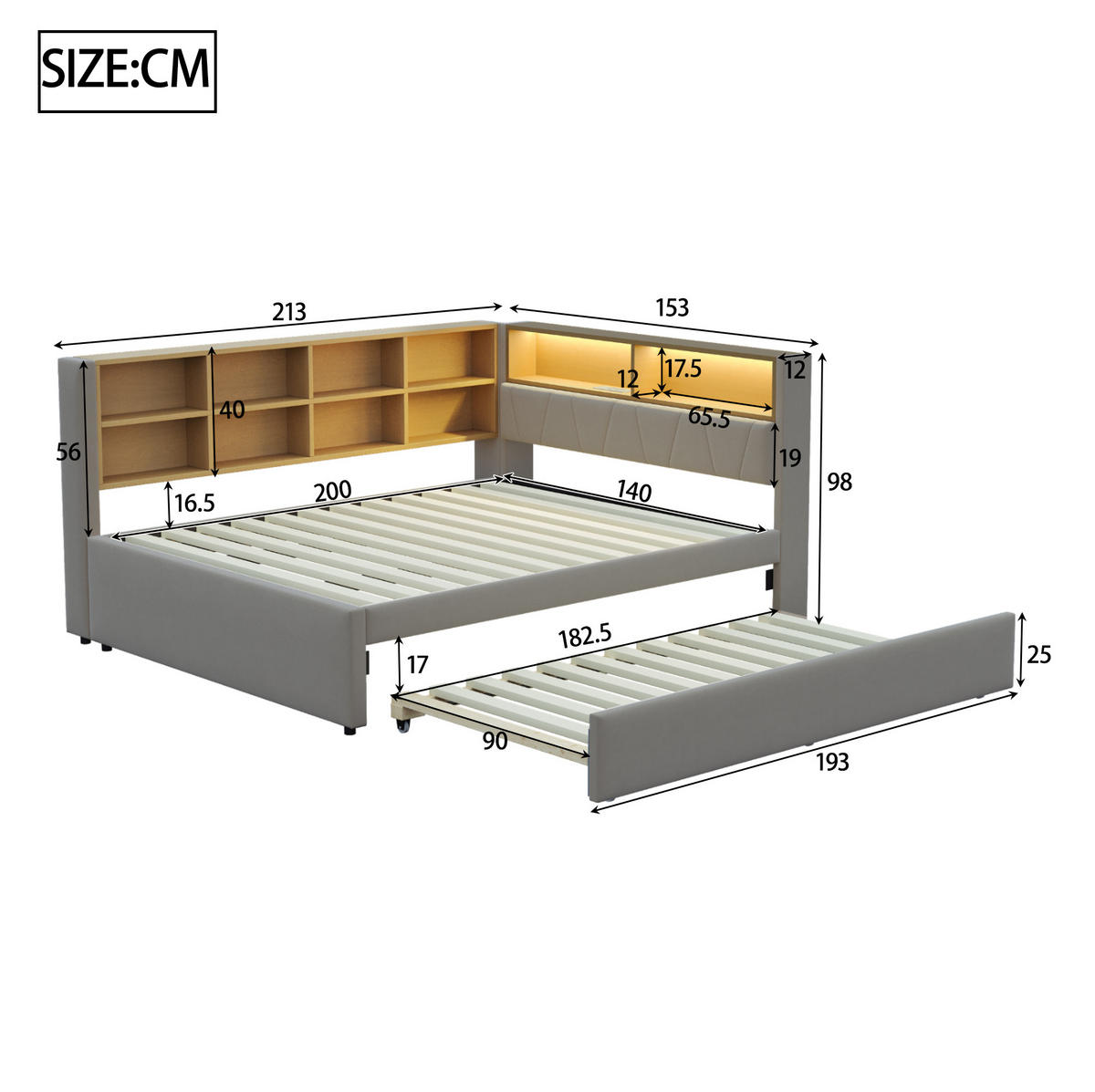 BETT 140/200 cm mit Ausziehbett 90/190 cm, LED und USB-/Type-C-Anschlüssen - Dunkelgrau, Textil (140/200cm) - Flora Grace