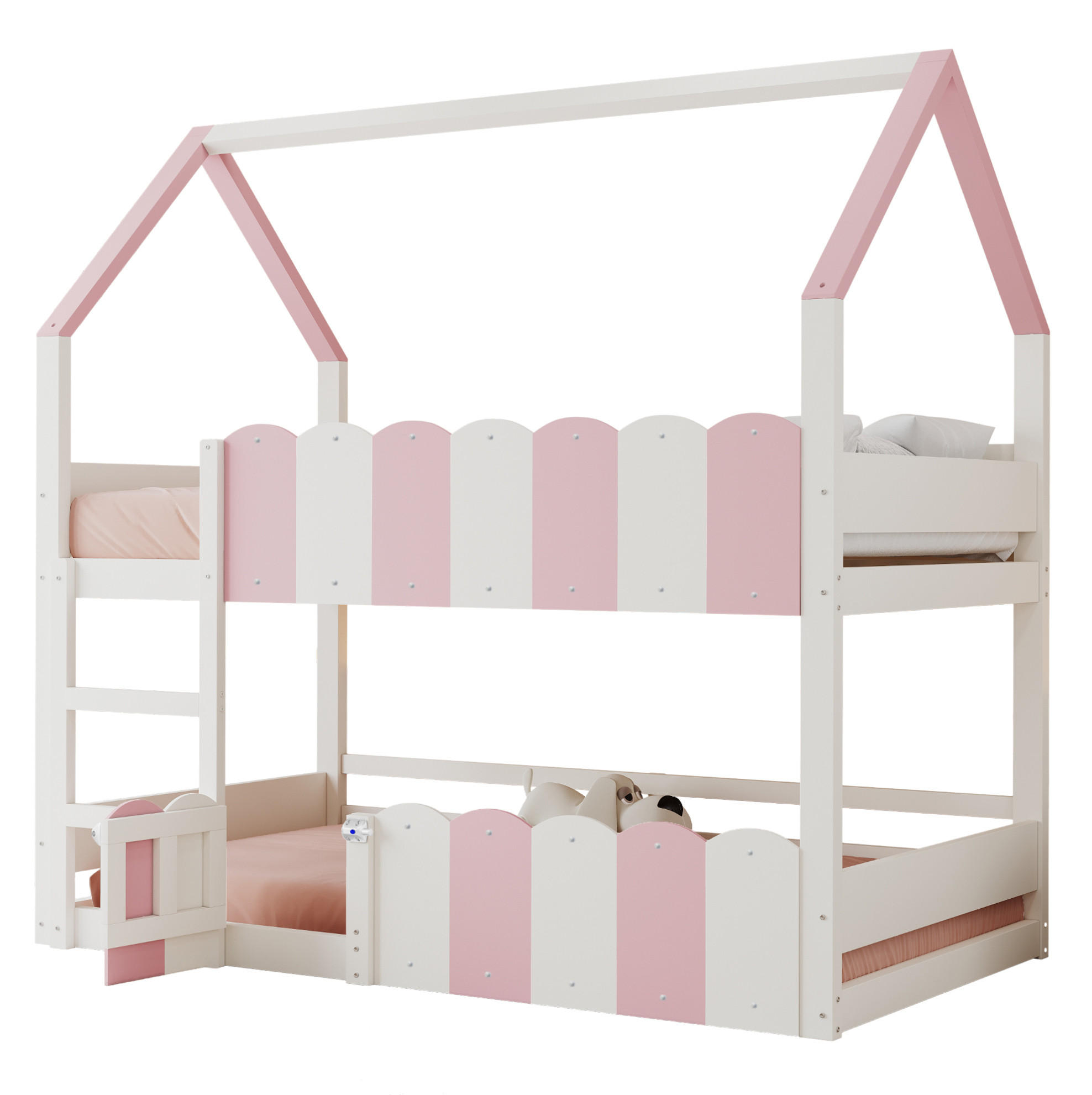 OKWISH DĚTSKÁ palanda 90/200 cm s designem domečku a bezpečnostním zábradlím v růžové a bílé barvě